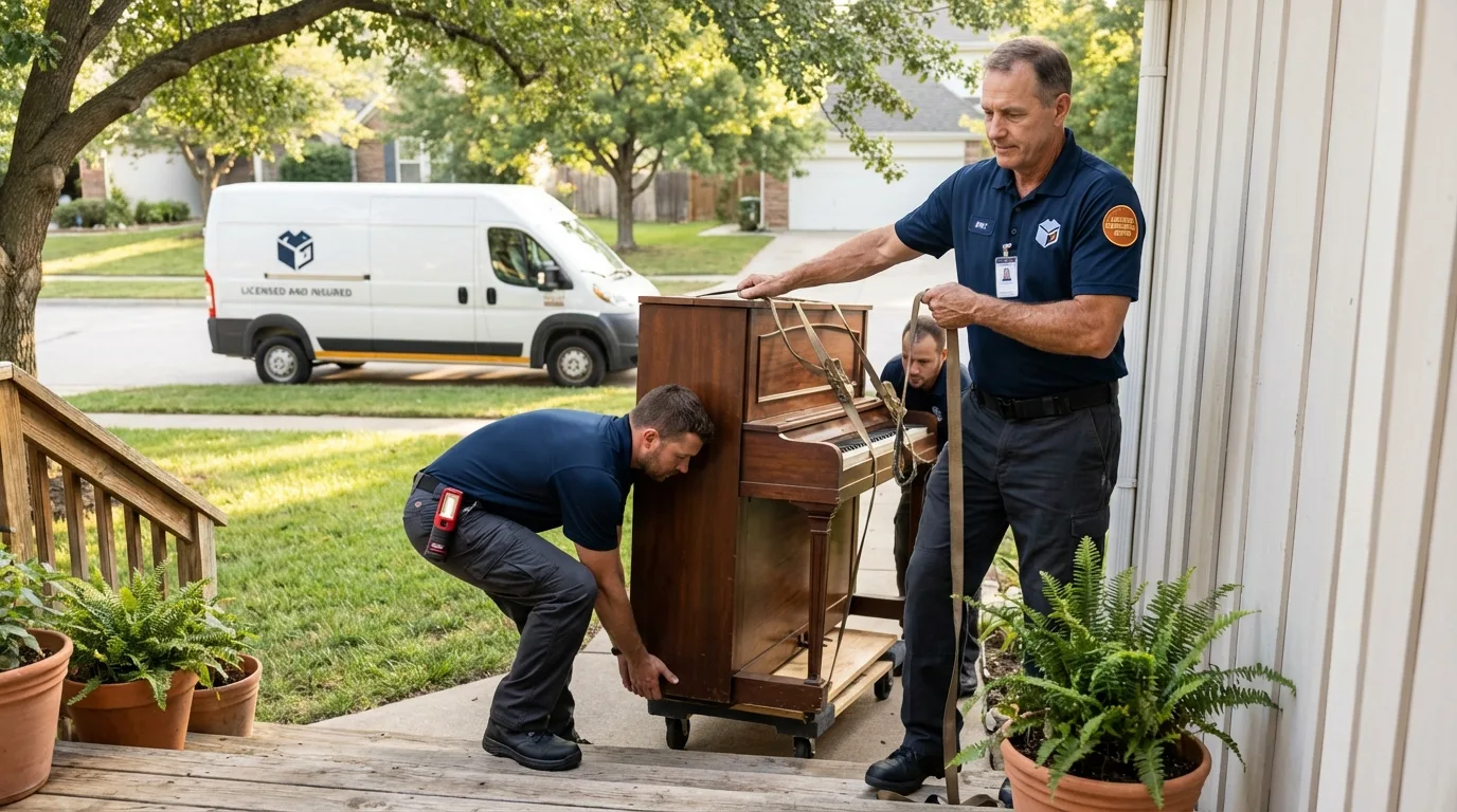 Licensed piano movers securing grand piano in Jackson, WY