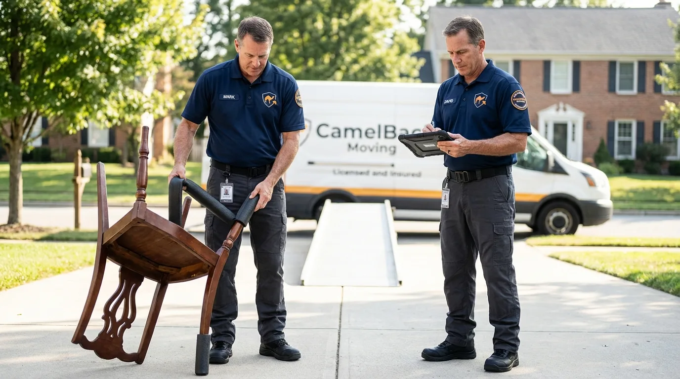 Movers inspecting furniture for damage prevention before loading in Jackson, WY