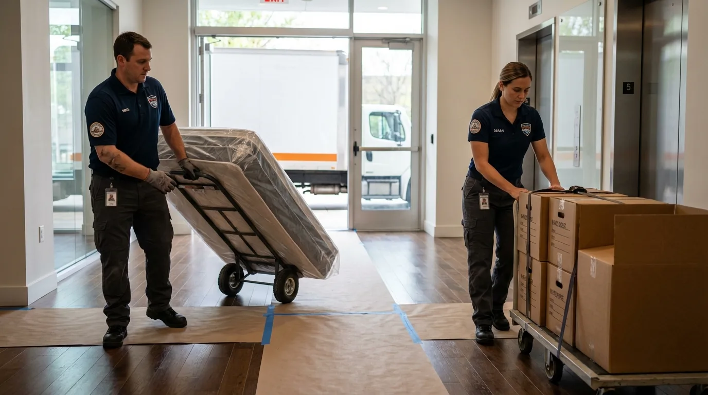 Professional apartment movers loading elevator in Jackson, WY