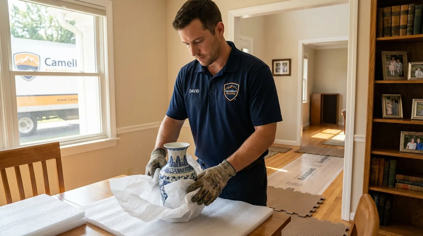 Professional crew carefully wrapping antique vase for senior downsizing move in Jackson, WY